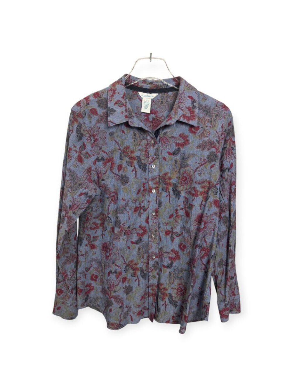 Sundance Crinkled Cotton Dark Floral Print Button Down Shirt Women's Medium
